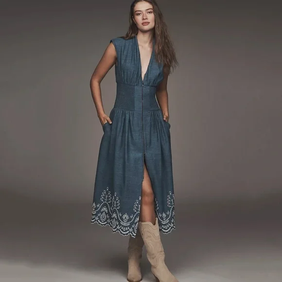 NWT Anthropologie Tommie Denim Chambray Zip Eyelet Embroidered Trim Dress Medium - Picture 6 of 6